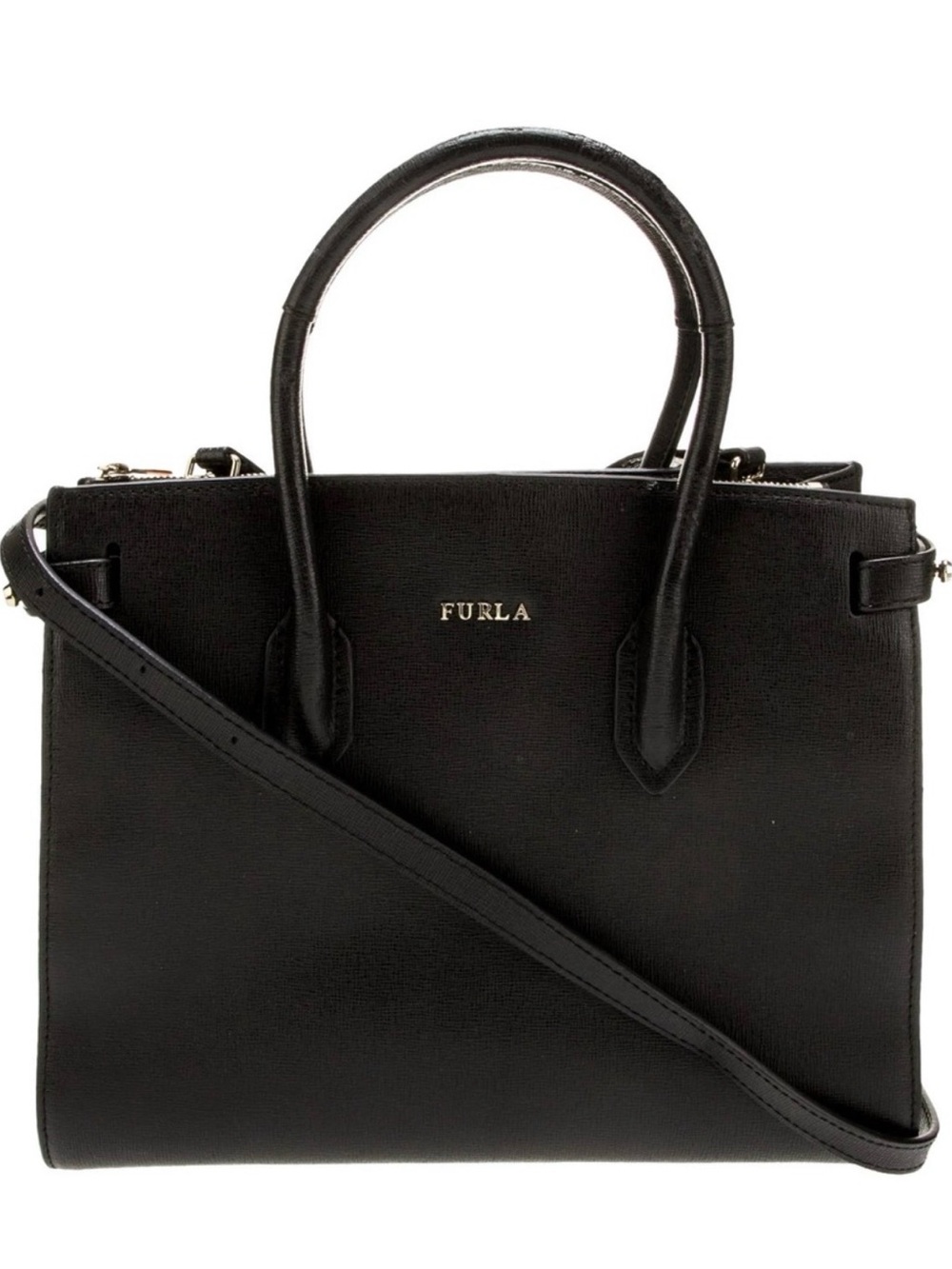 Furla Black Saffiano Leather Mini Tote Crossbody Bag + Heart Charm NWOT